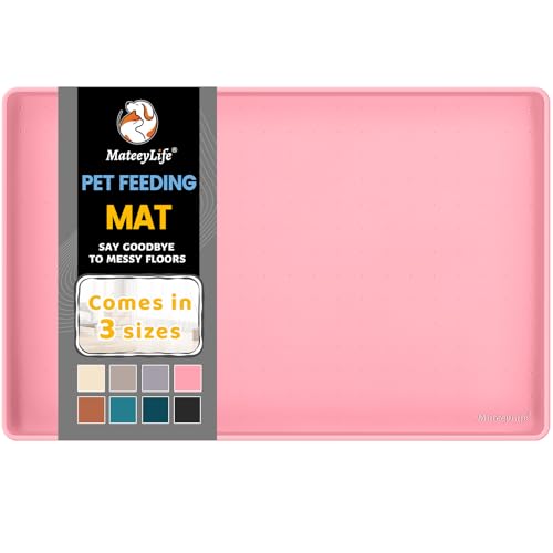 MateeyLife Silicone Cat & Dog Food Mat for Floors Waterproof, Anti-Slip Dog Bowl Mats for Food and Water, Pet Feeding Mats with Lip to Prevent Spills, Pet Placemat for Messy Drinkers to Protect Floors - color: Pink, size: 18''×12''