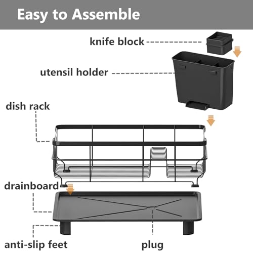 AIDERLY Auto Drain Metal Dish Drying Rack Dish Drainers, All Black | with Draining Tray, Strainer, for Kitchen Counter, Sink - color: All Black