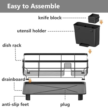 AIDERLY Auto Drain Metal Dish Drying Rack Dish Drainers, All Black | with Draining Tray, Strainer, for Kitchen Counter, Sink - color: All Black