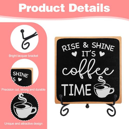 YUXIANLB Coffee Bar Sign Decor 4"X 4" Rise & Shine It's Coffee Time Wooden Plaque for Home Kitchen Bar Tabletop Rustic Farmhouse Wood Cafe Signs with Stand for Cafe Corner Shelf Table Decorations