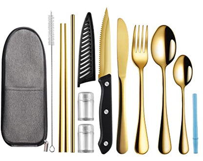 Logcow Travel Utensils with Case,Reusable Utensils,Portable Travel Camping Cutlery Set,Stainless Steel Flatware Set,Lunch Boxes Workplace Camping School Picnic (Gold) - color: Gold
