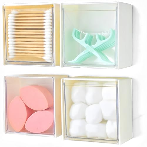 Qtip Holder Wall Mount for Cotton Swabs, Balls, Pads, Hair Ties,Floss Picks- Small Plastic Bathroom Wall Organizers and Storage Set,Bedside Shelf,Home Decor,Dorm Room Essentials (4) - color: white-4 Pack