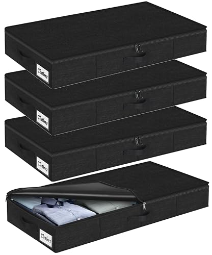 Under Bed Storage Container Bins 4 Pack, 4 Inch Thin Low Profile Underbed Clothes Storage Organizer for Dorm & Home, Use for Blanket and Toy Storage Box W/ Sturdy Bottom/Sides, Foldable Thick Fabric - color: Rigid-Black-4 Pack, size: 4 Inch