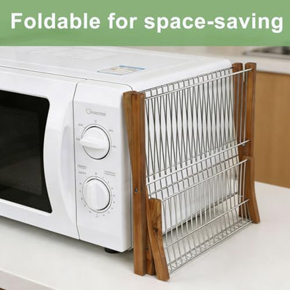 HTB Dish Drying Rack 2 Tier,Collapsible Stainless Steel & Teak Wood Dish Drying Rack,Foldable Dish Drainer for Plates,Cups,Kitchen Counter,Home,Apartment