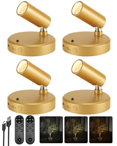 EZVALO LED Spotlight Indoor, 5500mAh Rechargeable Battery-Powered Picture Lights, Wireless Mini Art Accent Spot Lights with Remote, for Plants, Display, Painting, Artwork (4-Pack-Gold) - color: Gold