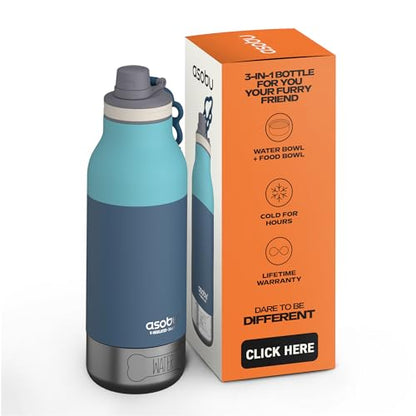 Asobu Buddy Bottle a Stainless Steel Insulated Water Bottle for with Removable Dog Water Bowl and Dog Food and Treat Storage Bowl (Pastel Green, 34 Oz) - color: Pastel Blue
