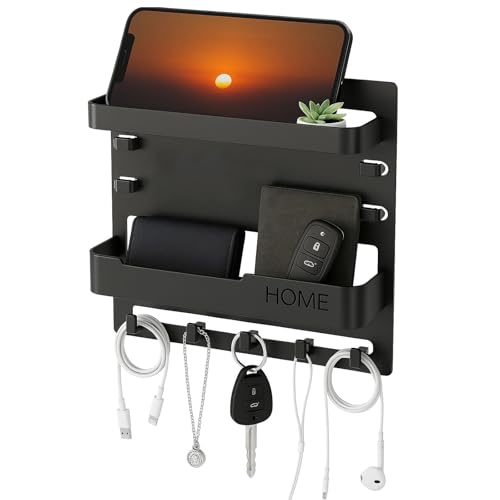 Adhesive Bedside Wall Shelf Organizer with 5 Hooks and Cable Clips, Plastic Wall Storage Holder for Phone, Remote Control, Earphone, Kindle, Keys – Bedroom, Dorm, RV (Black) - color: Black