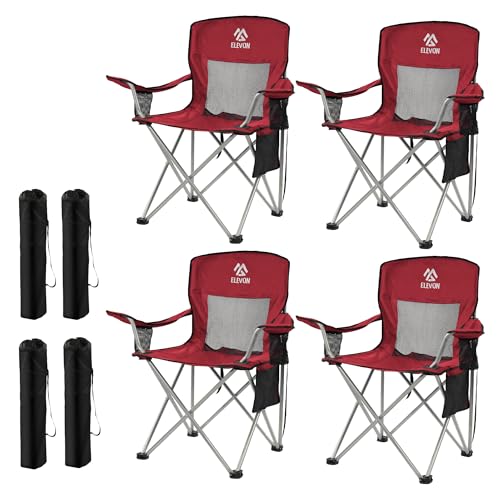 Elevon Camping Chair, Portable Folding Outdoor Chair with Arms, Cup Holder and Carry Bag - color: Burgundy-4 Pack