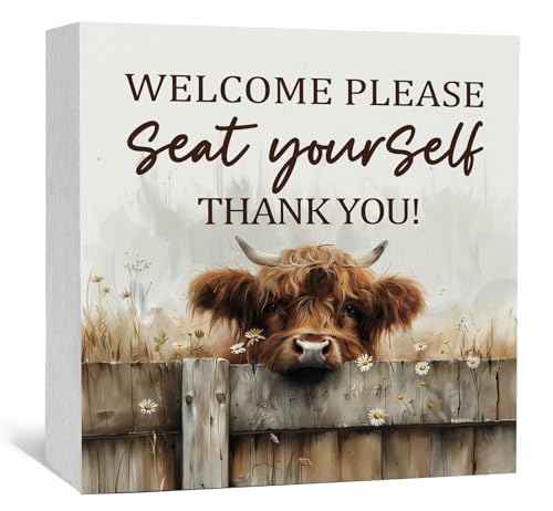 Highland Cow Bathroom Decor Sign - Farmhouse Western Animal Bathroom Decor,Rustic Farm Animal Welcome Please Seat Yourself Thank You Signs,Highland Cow Gifts for Women Signs & Plaques - color: highland cow please seat, size: 5x5 in