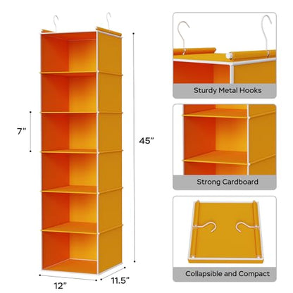 MAX Houser 6-Shelf Hanging Closet Organizer, Hanging Storage Shelves with 2 Sturdy Hooks Space-Saving for Bedroom, Foldable (Yellow) - color: Yellow