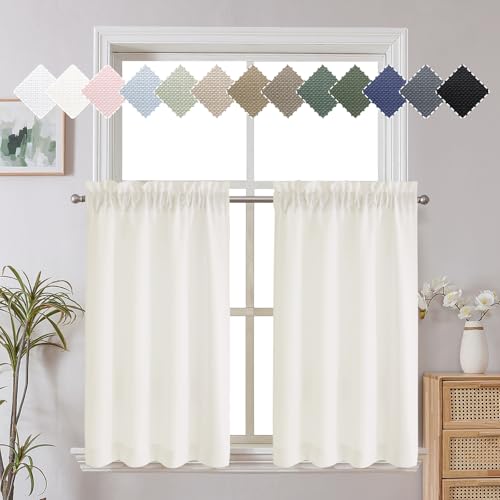 Chyhomenyc Short Curtains 30 Inch Length, Yellowish Faux Linen Textured Small Kitchen Curtain, Light Filtering Half Window Curtains for Bathroom Basement, Each 30x30 Inch, 2PCS, Cream（prev. Ivory） - color: Cream, size: 30"W x 30"L (Pack of 2)