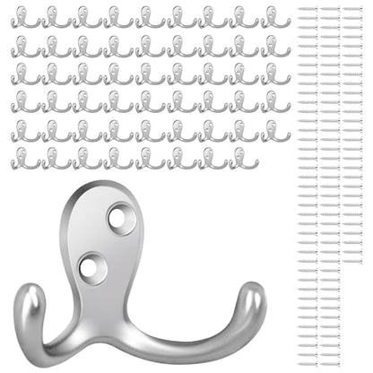 Homanu 54 Pack Coat Hooks, Heavy Duty Double Prong Coat Hooks Wall Mounted with 108 Screws, No Rust Silvery Metal Wall Hooks for Hanging Towel, Coat, Bag, Hat, Cup, Key - color: 54 Pcs Silvery