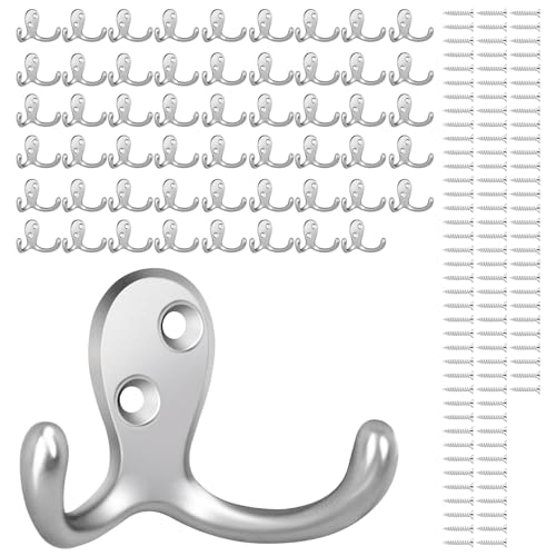 Homanu 54 Pack Coat Hooks, Heavy Duty Double Prong Coat Hooks Wall Mounted with 108 Screws, No Rust Silvery Metal Wall Hooks for Hanging Towel, Coat, Bag, Hat, Cup, Key - color: 54 Pcs Silvery