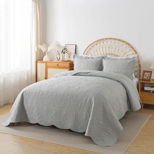 HoneiLife Quilt Set Queen Size - 3 Piece Queen Quilt Bedding Set Microfiber Quilt Sets Lightweight Bedspreads Reversible Coverlets Retro Bed Cover Floral Bedding Set All Season Quilts-Light Grey - color: Grey, size: Queen/Full-90"x96"