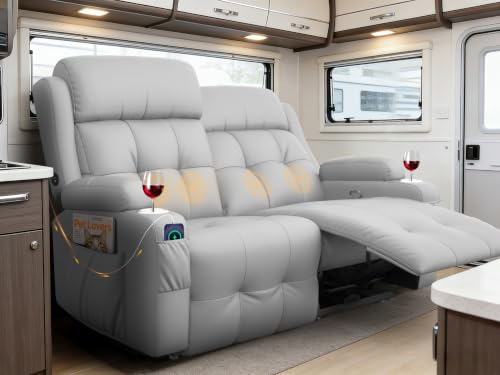 Reclining Loveseat, 55.1" RV PU Leather Wall Hugger Recliner Love Seats Sofa with Charging Station, Removable Armrest, Cup Holder, Double Recliners Couch, Manual Love Seat for Living Room - color: Light Gray, size: Hera - Loveseat