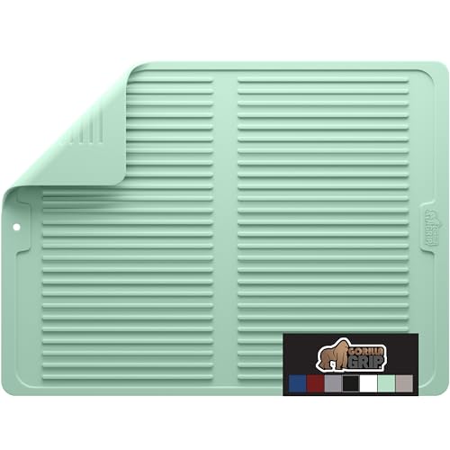 GORILLA GRIP 100% BPA-Free Patented Silicone Dish Drying Mat for Kitchen Counter, Water Catching Ribbed Design, Easy Clean Waterproof Sink Liner, Heat Resistant, Fits Under Rack, 11x13 Inch, Mint - color: Mint, size: 13" X 11", style: Silicone