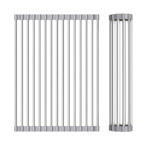 Foldable Over Sink Dish Drying Rack - Stainless Steel Sink Drain Rack with Silicone Edges, Roll-Up Storage for Kitchen, RV, Dorm Sinks (14.5×11.4in)