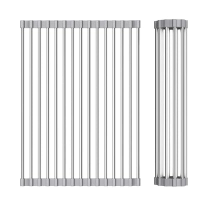 Foldable Over Sink Dish Drying Rack - Stainless Steel Sink Drain Rack with Silicone Edges, Roll-Up Storage for Kitchen, RV, Dorm Sinks (14.5×11.4in)