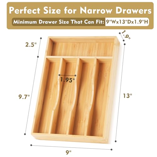 Upassion Bamboo Kitchen Drawer Organizer, 9 Inch Silverware Utensil Holder for Samll Drawer, Narrow Silverware Organizer for Cutlery Knives - size: 9 x 13 inch (5 Slots)