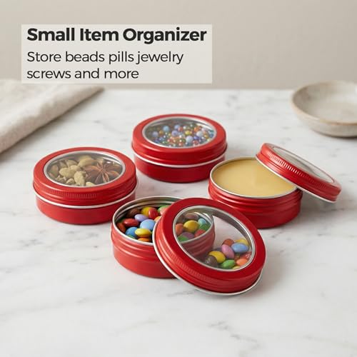 2 oz (60ml) Red Aluminum Tins with Clear Lids and Labels, 24 Pack | Clear View Lid, Secure Packaging, Tight Screw Lids, Includes Blank Labels, 11 Color Options - color: Red