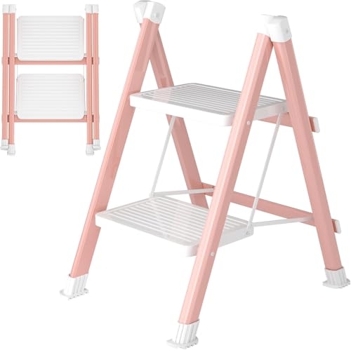 DIAMONDFORGE 2 Step Ladder, Folding Step Stool with Anti-Slip Wide Pedal, Anti-Slip Feet, Sturdiest Steel Construction, 330lbs Capacity Steel Ladder for Home and Office, Pink White - color: Pink White, size: 2 Step