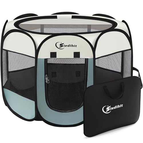 Siedihit Dog Playpen, Puppy Pet Playpen, Medium Dogs Tent Crates Cage Indoor/Outdoor, Portable Pop Up Dog Kennel Playpen with Carrying Case for Dogs/Cats/Rabbits, Removable Zipper Top, Grey - color: Grey