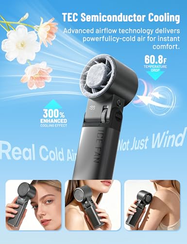 Handheld Fan Portable Personal Cooling Fans Mini Hand Held Fan,199Speed 26000RPM Turbo Air,6000mAhBattery USBRechargeable FoldableFan with LED Light Hook,Ice Cooling Essentials for Travel Outdoor Gift - color: matte black