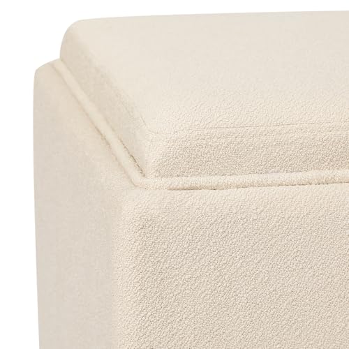 Adeco 17-inch Square Storage Ottoman with Reversible Tray Top, Upholstered Fabric Cube Footrest Stool & Coffee Table for Living Room, Bedroom, and Small Spaces, Beige - color: Beige With Tray