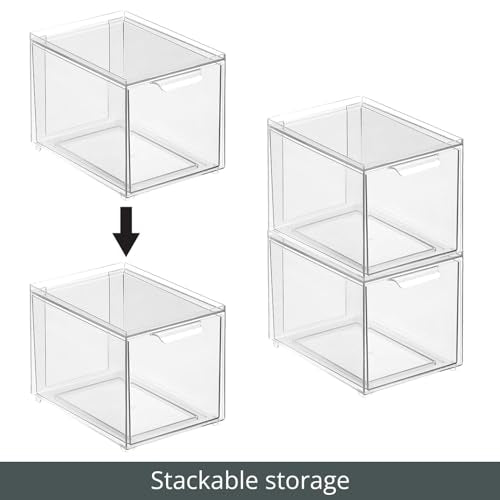mDesign Plastic Bathroom Organizer Bin w/Pull Out Drawer - Slim Stackable Storage Container for Bathroom Accessories - Perfect for Organizing Bathroom Cabinet - Lumiere Collection - 2 Pack - Clear - size: ‎8x 6 x 4 (Pack of 2)