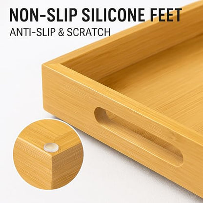 Tray for Oil Bottles Kitchen Counter – Bamboo Organizer with Handles, Waterproof Coating & Non-Slip Feet, Condiment Holder for Spices, Sauces & Seasoning Jars (2, Natural)