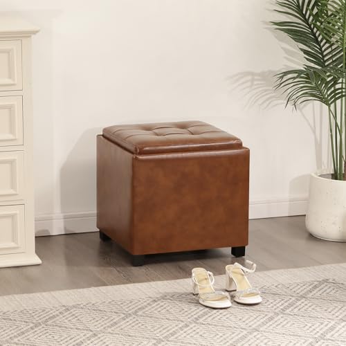 Adeco 17 inch Square Storage Ottoman with Reversible Tray Top, Cognac Brown Faux Leather Footrest Stool & Coffee Table for Living Room, Bedroom - color: Cognac Brown Leather – Upgraded Version