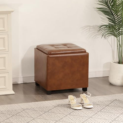 Adeco 17 inch Square Storage Ottoman with Reversible Tray Top, Cognac Brown Faux Leather Footrest Stool & Coffee Table for Living Room, Bedroom - color: Cognac Brown Leather – Upgraded Version