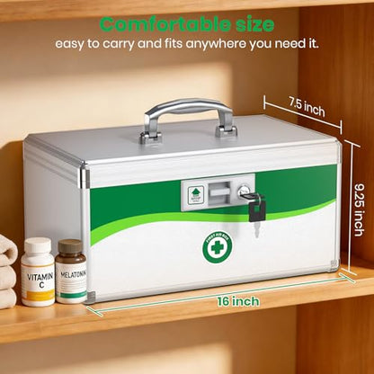Medicine Lock Box with Keys, Small 16x9.25x7.5in, Aluminum Child-Safe Lock | Child-safe key lock, sturdy aluminum frame, anti-slip base, removable ABS tray, rust-proof handle, reinforced edges - size: X-Large-16inch