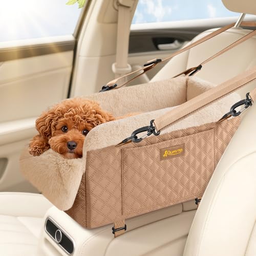QUMY Dog Car Seats for Small Dogs Up to 11lbs, Portable Center Console Dog Booster Seat, Multi-Purpose Puppy CarSeat with Adjustable Safety Belt, Travel Pet Car Carriers for Small Dogs and Cat, Khaki - color: Khaki