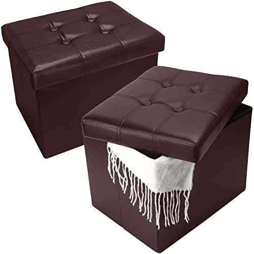 Bsketa 2PC Storage Ottoman, Folding Foot Stool with Thicker Foam Padded Seat Small Leather Storage Ottoman Bench Foot Rest for Living Room Foldable Coffee Table 17x13x13in,Brown - color: Brown-2pc