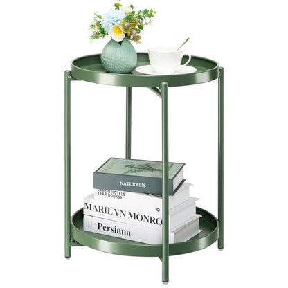 danpinera 2 Tier Metal Side Table with Removable Tray, End Table Outdoor Small Accent Table, Anti-Rust Green Nightstand for Bedroom Balcony Patio (Dark Green) - color: Dark Green