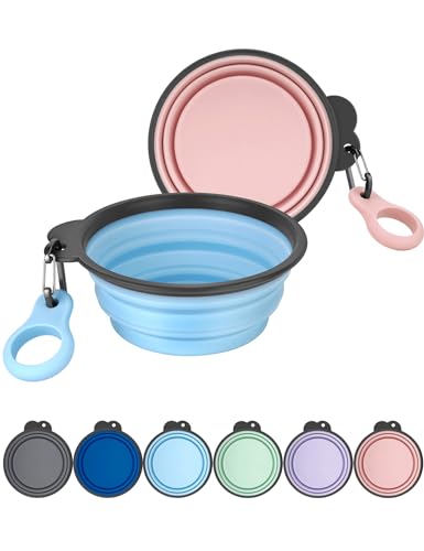 Aonkey Collapsible Dog Bowls with Bottle Carrier, 2 Pack Travel Dog Water Bowl Upgraded Carabiner, One-piece Molded Rim No Fall Off or Crack, Foldable Silicone Portable for Pets Walking Hiking 15oz - color: 7. Sky Blue & Pink, size: Small (Pack of 2)