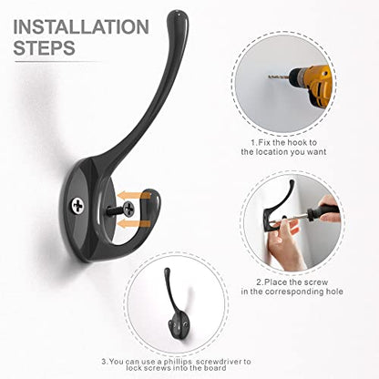 Heavy-Duty Metal Coat Hooks for Wall, 10-Pack Black Wall Mounted Hooks with 20 Screws, Double Robe Hooks for Coat, Hat, Robe, Towel, Entryway, Bathroom, Kitchen - color: 10PCS Black Long Hooks