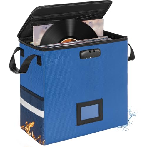 IBVIVIC Fireproof Vinyl Record Storage Box, Record Storage Organizer with Lock Fireproof Record Case for 50+ 7/10/12 Inch Single Vinyl Records Large Capacity File Storage Organizer, Blue - color: Blue