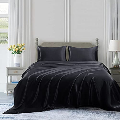 Homiest 3pcs Satin Sheets Set Luxury Silky Satin Bedding Set with Deep Pocket, 1 Fitted Sheet + 1 Flat Sheet + 1 Pillowcase (Twin Size, Black) - color: Black, size: Deep pocket - Twin size