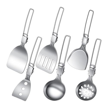 Camping Cooking Utensil Set, 6 Piece Stainless Steel Portable Cookware Set, Foldable Camp Utensil Tools For Outdoor Grilling BBQ Travel Road Trip