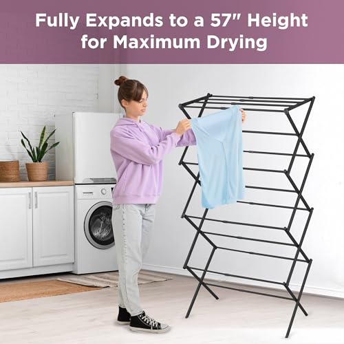 BLACK+DECKER 4-Tier Expandable Collapsible Clothes Drying Rack, Telescopic Height, Foldable Space-Saving Laundry Air Dryer for Towels, Shirts & Delicates – Durable Steel, No Tools Needed - color: Black/Black
