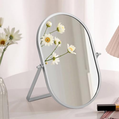 Bathroom Rectangle Desktop Makeup Mirror with Silver Metal Standing 180° Rotation Vanity Table Mirror Portable Cosmetic Mirror for Dressing Room Bedroom - color: Silver, size: 8.8"L x 5.9"W