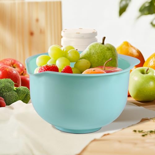 Nesting Plastic Mixing Bowls, Set Of 3, 1.5 quart, 2 quart, 2.5quart, Nesting Bowls with Non Slip Base and Easy Pour Spout, Dishwasher Safe (Green Pink Grey) - color: Green Pink Grey