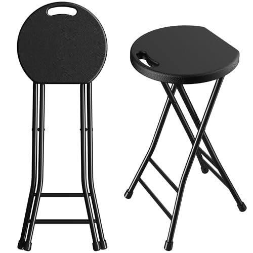 24 Inch Folding Stool Set of 2, Portable Folding Stool with Handle & Non-Slip Feet, Sturdy 440lbs Capacity Folding Bar Stool for Kitchen, Camping, Fishing, Black - color: Black, size: 24-inch Pack of 2