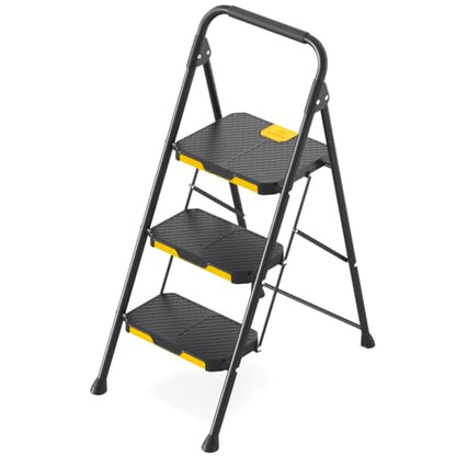 KINGRACK 3 Step Ladder, Sturdy Steel Step Stool with Safe-Lock Design, Handrail, Anti-Slip Wide Pedals, Pass 800lbs Load Testing, Folding Portable Ladder for Multi-Purpose, Home, Kitchen, Black - size: 3-Step