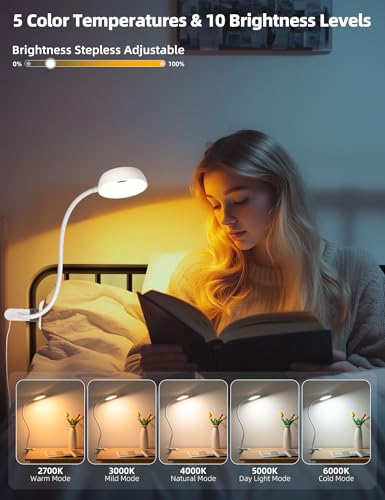LiFMIRA Clip on Light, LED Reading Light for Beds Headboards, Flexible Clip on Lamp with Clamp,3 Color Modes & 10 Brightness Eye-Friendly Book Light Reading Light for Books in Bed Bedside Desks White - color: White