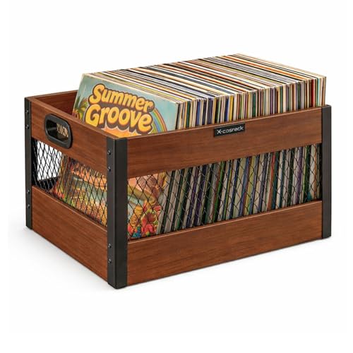 X-cosrack Vinyl Record Storage Crate, Wooden LP Record Organizer, Holds 60–80 Records, Classic Cube Storage for Albums - color: Brown, black