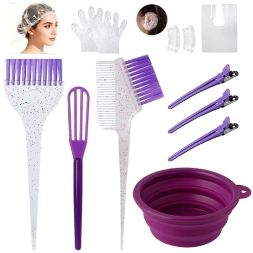 Hair Dye Color Brush and Bowl Set, Color Bowl Brushes Tool Mixing Bowl Kit Tint Comb for Hair Tint Dying Coloring Applicator (Purple&Clear) - color: Purple&Clear