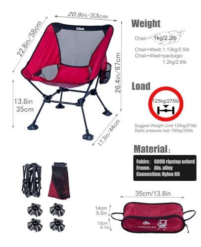 iClimb Ultralight Compact Camping Folding Beach Chair with Anti-Sinking Large Feet and Back Support Webbing (Red - Square Frame - 2PC) - color: Red (Square Frame)